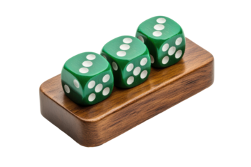 Three green dice on a wooden holder isolated on transparent background.