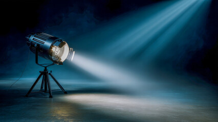 Spotlight shines brightly in a dark room, creating a dramatic atmosphere for a performance or artistic display under moody blue lighting