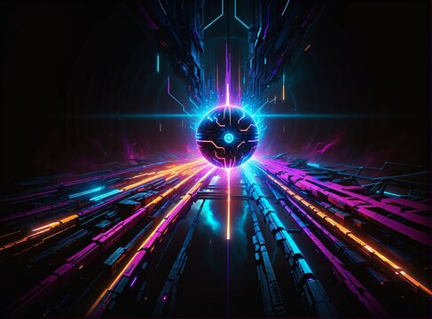 A futuristic, neon-lit cyberpunk tunnel leads toward a glowing central orb, flanked by radiant streaks of purple and blue light against a dark voidevoking speed, technology, and cosmic wonder.