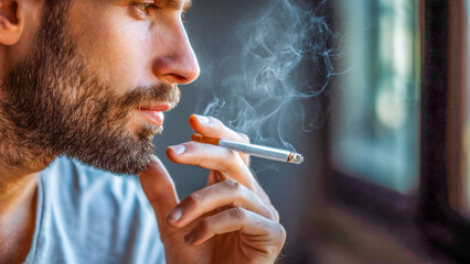 Quiet moments of reflection as a man gazes out the window, smoke curling gently from his cigarette in a softly lit room during the late afternoon