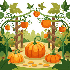 Pumpkin garden with vines and leaves