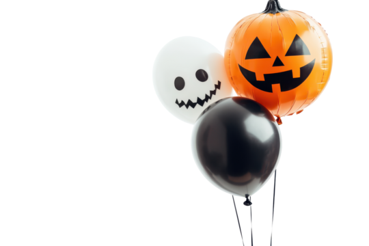Halloween balloons a ghost and two pumpkins isolated on transparent background. Halloween spooky pumpkin and ghost balloons isolated on white background.