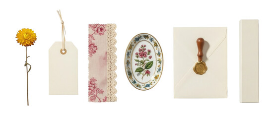 Collection of vintage stationery and decorative items transparent background cutout png