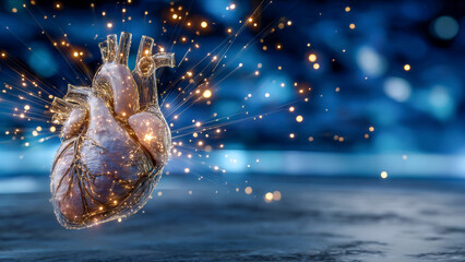 Heart glowing with energy and light in a surreal setting, symbolizing life and vitality in a mystical landscape
