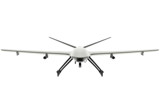 Military drone aircraft in flight isolated on transparent background. Drone quadcopter isolated on white background.