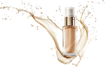 Luxury liquid foundation makeup bottle with golden splash isolated on transparent background. Liquid makeup foundation bottle with cosmetic cream splash isolated on white background.