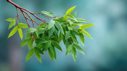 Close Up Artistic Photo Of Green Bamboo Leaves After Rain With Water Droplets On A Branch With Soft Teal Bokeh Background