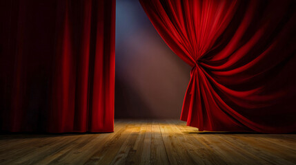 Red curtains part to reveal a vibrant stage, inviting anticipation for an exciting performance in a dimly lit theater