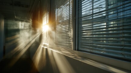 Dust motes float in the air as dramatic rays of sunlight filter through the blinds in a dark office corridor.