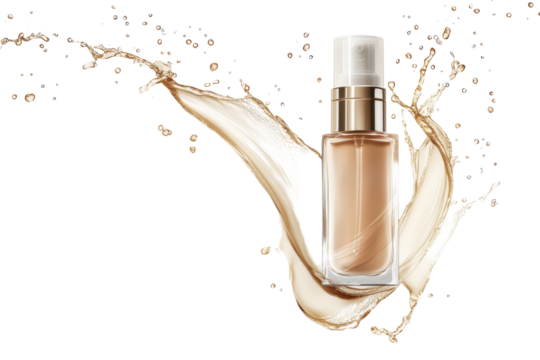 Luxury liquid foundation makeup bottle with golden splash isolated on transparent background. Liquid makeup foundation bottle with cosmetic cream splash isolated on white background.