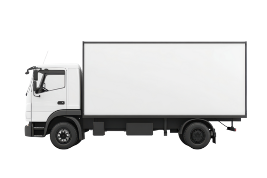 White box truck cargo delivery vehicle isolated on transparent background. Mobile whiteboard on wheels isolated on white background.
