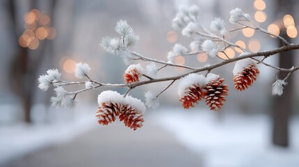 Close up of glittering pine cones covered in frost and snow on a branch with soft glowing bokeh lights in the background during winter season