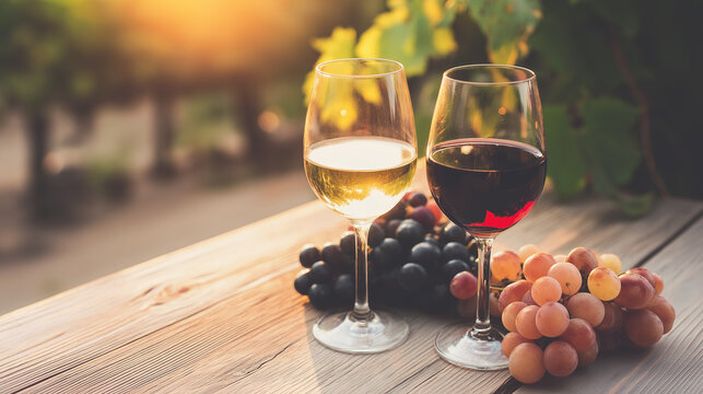 vineyard. Glasses of red and white wine with ripe grapes on a wooden table in a rustic vineyard setting. bar promotions, beverage menus, designed for food & beverage menus and cafe branding.