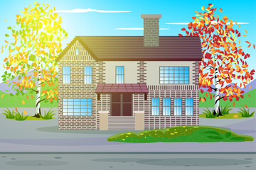 An illustration of an old-style house with trees in autumn foliage. Autumn landscape with a house.