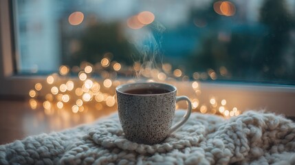 A steaming cup of coffee on a knitted blanket near a window with soft lights
