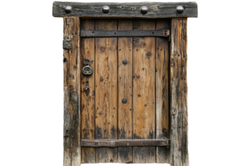 Old rustic wooden door with metal hinges isolated on transparent background. Old wooden door isolated on white background.