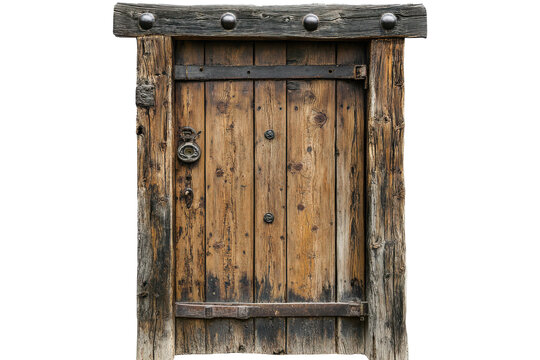 Old rustic wooden door with metal hinges isolated on transparent background. Old wooden door isolated on white background.