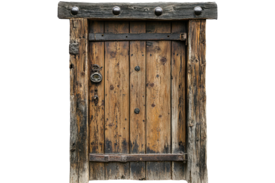 Old rustic wooden door with metal hinges isolated on transparent background. Old wooden door isolated on white background.