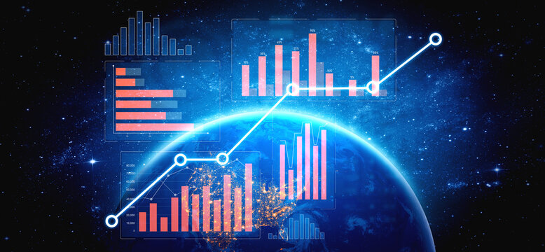 A stunning cosmic scene depicting futuristic data visualizations with trend graphs and charts over Earth, representing global insights and statistical analysis in space. Scalp