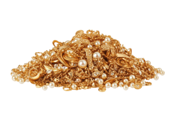 Ornate gold chain and pearl bracelet isolated on transparent background. Pile of Gold Jewelry and Pearls isolated on white background.