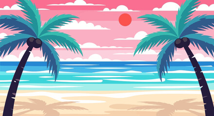 Serene Beach Scene with Palm Trees and Calm Waves Under a Pastel Sky