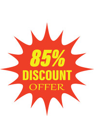 A red starburst seal graphic with yellow text indicating a 85% off discount for sales and promotions.