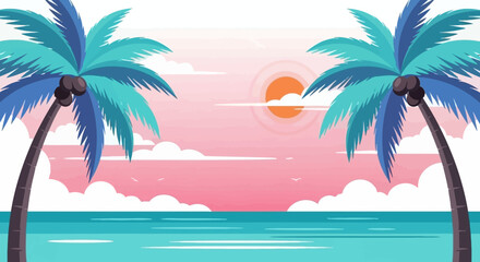 Tropical Ocean Beach Landscape with Palm Trees Vector Illustration