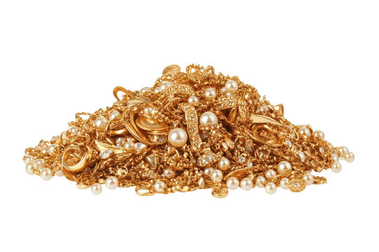 Ornate gold chain and pearl bracelet isolated on transparent background. Pile of Gold Jewelry and Pearls isolated on white background.