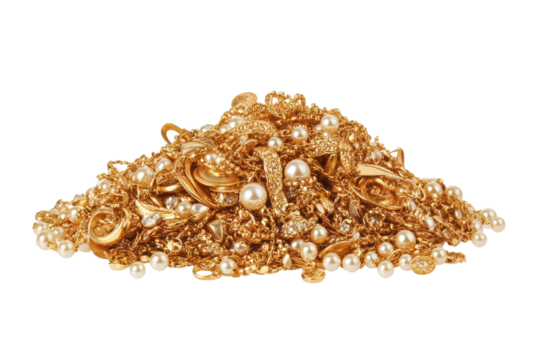 Ornate gold chain and pearl bracelet isolated on transparent background. Pile of Gold Jewelry and Pearls isolated on white background.