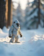 Toy Yeti Standing in Snowy Winter Forest