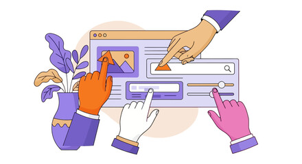 Website Design Illustration with Hands and Interactive Elements