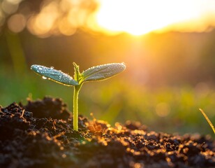 A young sprout emerging from the earth, bathed in warm sunlight