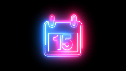 Neon Calendar Icon with Date Fifteen in Glowing Blue and Pink, Isolated on Black Background illustration.