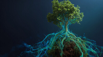 A stylized image of a lush green tree with vibrant roots. The roots are depicted with glowing blue and green networks and a dark background.