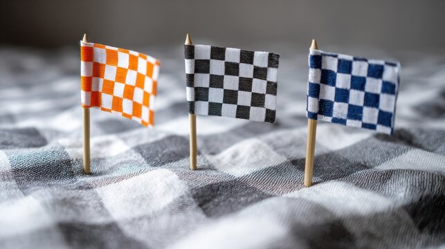 Small checkered flags on wooden sticks arranged in a row on a soft fabric background, perfect for decoration or thematic events that need flags