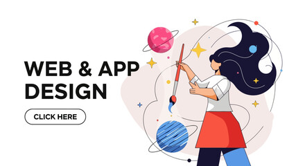 Web and App Design Illustration with Woman Painting Planets in a Universe-Themed Workspace