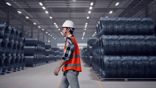 Side View of Asian Male Engineer Walking in Warehouse of Steel Wire Rod