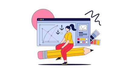Creative Woman Sitting on Pencil, Designing with Software and Choosing Colors