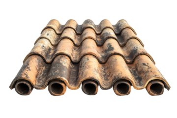 Antique roman roof tiles isolated on transparent background. Roof tiles on a roof isolated on white background.