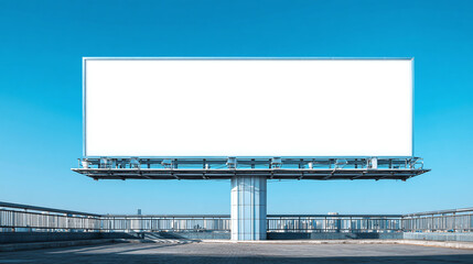 A billboard stands tall against a clear blue sky, offering prime advertising space above a platform with a cityscape silhouette in the background.