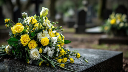 Bouquet of yellow and white roses and foliage, set on a granite tombstone with a blurred graveyard background. A tribute to the departed.
