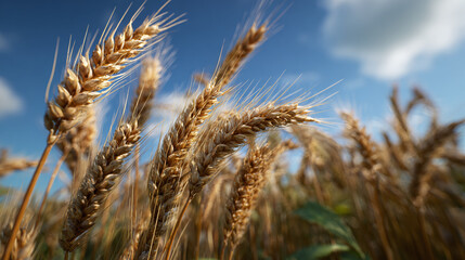 Fototapeta premium Golden wheat stalks reach for the blue sky in a field. Sunlight bathes the mature crop, promising a rich harvest season. Grain ready.