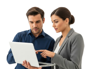 Two colleagues collaborating on a laptop transparent background cutout png