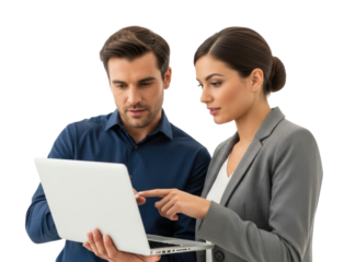 Two colleagues collaborating on a laptop transparent background cutout png