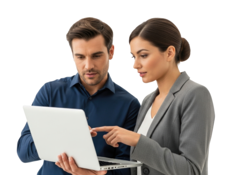 Two colleagues collaborating on a laptop transparent background cutout png