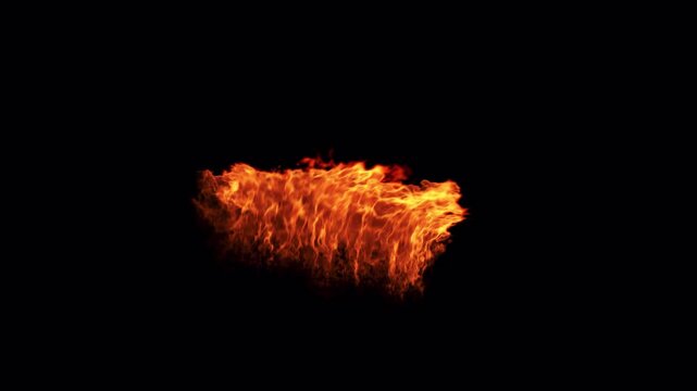 A realistic patch of bright orange fire burning intensely against a solid black background.