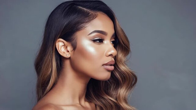 A woman with a highlighted makeup look, showcasing her complexion and hair style.