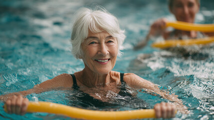 Senior woman smiling in pool during aquatics class. She's holding a float, radiating joy, promoting active aging and aquatic fitness.