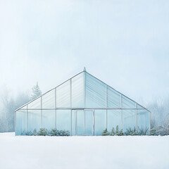 Obraz premium Glass greenhouse surrounded by snow during winter landscape 