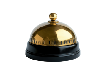 Antique brass bell with ornate inscription isolated on transparent background. Service bell isolated on white background.